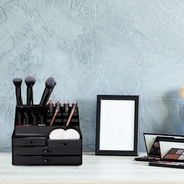 Relaxdays 1 x Make Up Organizer klein, 2-teilige Schmink Aufbewahrung Acryl, mit Lippenstifthalter und 4 Schubladen, schwarz 1 Schwarz 1 Stück