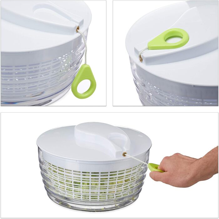 Relaxdays 10024697 Salatschleuder zum Ziehen, Profi Salad Spinner, großer Salattrockner, XXL Salatkarusssel 7 Liter, weiß-grün