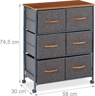 Relaxdays Roll-Schubladenschrank, 6 Stoffschubladen, Holzoptik, 74,5x58x30 cm, grau Design D