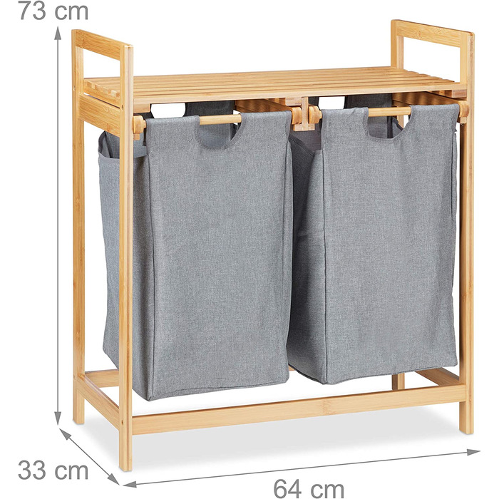 Relaxdays Wäschekorb mit Ablage, 2 Fächer, 2x 30 l Wäschesäcke, Bambus Ausziehwäschekorb HBT 73 x 64 x 33 cm, natur/grau, 1 S