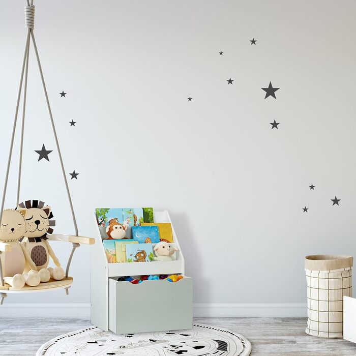 Relaxdays Kinderregal mit 3 Ablagefächern, Kiste mit Rollen, HBT: 70 x 50,5 x 28 cm, schmales Spielzeugregal, weiß/grau