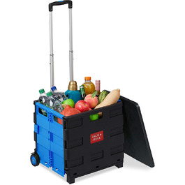 Relaxdays Einkaufstrolley klappbar, bis 35 kg, 50 l Kiste, mit Teleskopgriff, 2 Rollen, Transport Trolley, blau/schwarz