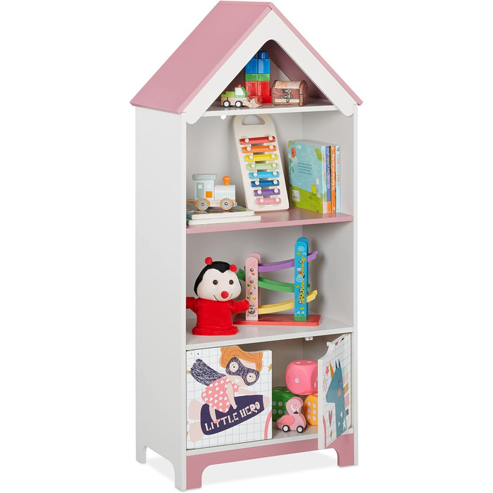 Relaxdays Kinderregal, Heldinnenmotiv, 4 Fächer für Spielzeug, HBT: 93x63x28 cm, Kinderzimmerregal mit Türen, weiß/rosa