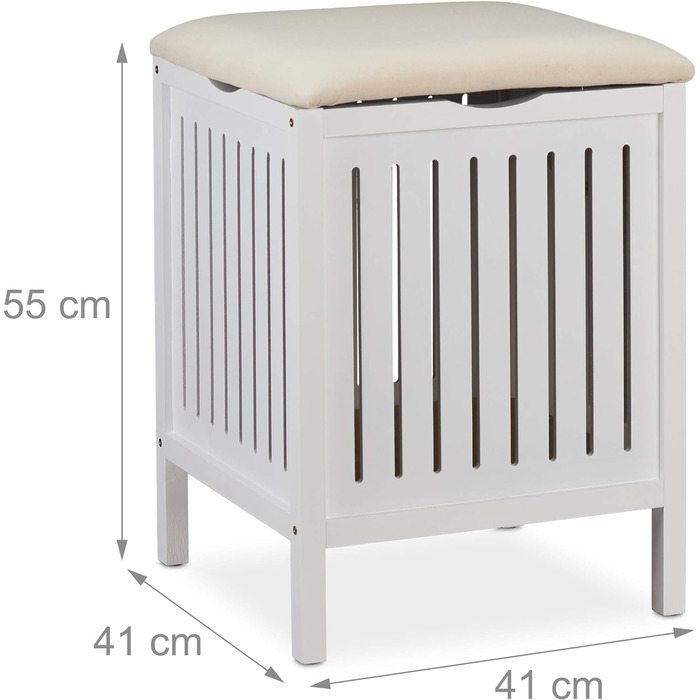 Relaxdays Wäschekorb mit Sitz, Landhausstil, 40 l, Holz & Stoff, Badhocker, 55x41x41 cm, weiß