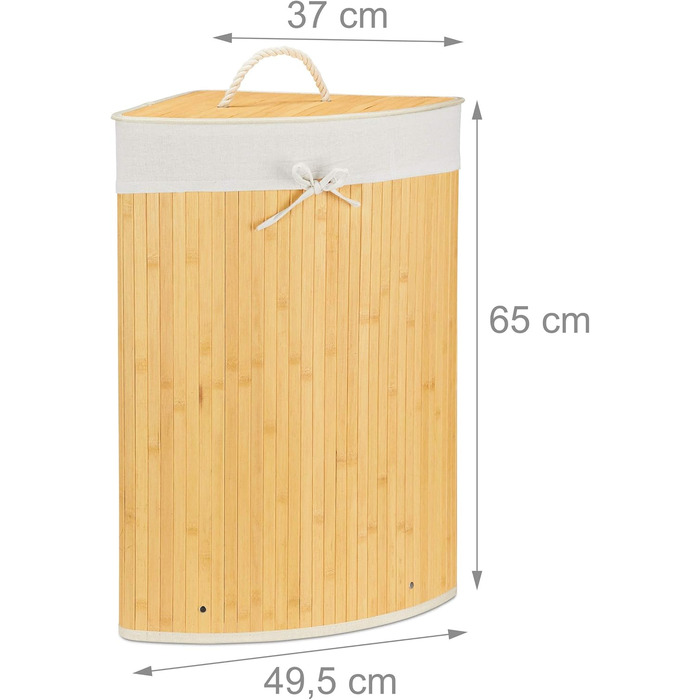 Relaxdays Eckwäschekorb, faltbar, 60 l, Baumwolle, HBT 65x49,5x37 cm, Creme, Bambus, abnehmbarer Deckel