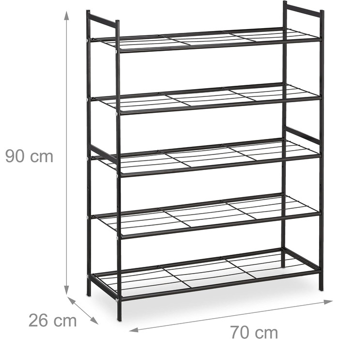 Relaxdays Schuhregal, Metall, 5 Ebenen, stapelbar, erweiterbar, HBT: 90x70x26cm, bis zu 15 Paar Schuhe, (Schwarz)