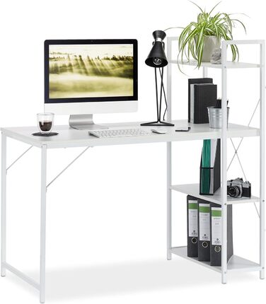 Relaxdays 121 x 120 x 62 cm, weiß Schreibtisch, Kombination mit Regal, 4 Ablagefächer, für Jugendzimmer & Büro, HBT, PB, Metall