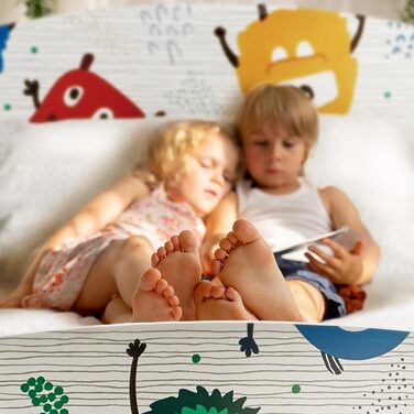 Relaxdays Kinderbett, HBT: 60x94x143 cm, Kleinkindbett mit Ablage, Rausfallschutz, Lattenrost, Monster-Motiv, MDF, bunt