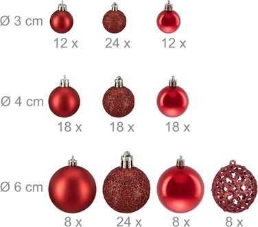 Relaxdays 150er Set Weihnachtskugeln, glitzernd, matt & glänzend, Kunststoff, ∅ 3, 4 & 6 cm, Rot