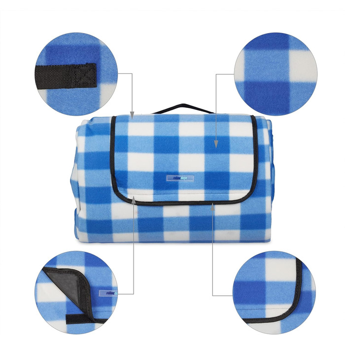 Relaxdays XXL Picknickdecke, 200x300cm, isoliert, wasserdicht, Karierte Fleece Stranddecke, weich, Tragegriff, blau-weiß