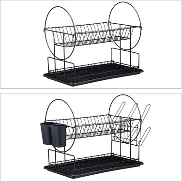 Relaxdays Abtropfgestell, 2 Ebenen, 33,5x51x23,5cm, Geschirrtrockner, schwarz, 80% Eisen
