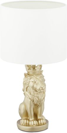 Relaxdays Tischlampe Löwe, Tischleuchte mit Stoffschirm, E27, prunkvolle Nachttischlampe, H x D: 47,5 x 25 cm, weiß/gold