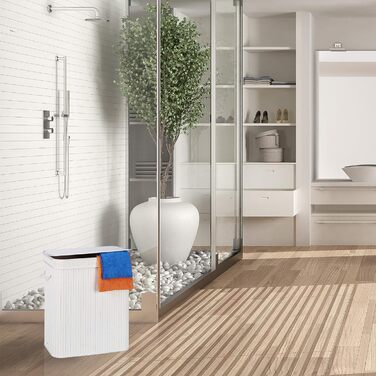 Relaxdays Wäschekorb Bambus, rechteckiger Wäschesortierer, 2 Fächer, mit Klappdeckel, platzsparend faltbar, 95 l, weiß