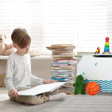 Relaxdays Spielzeugtruhe Seemann, Spielzeugkiste mit Deckel, HBT: 46 x 84 x 42,5 cm, Bücherfach, Spielzeugbox, weiß/blau