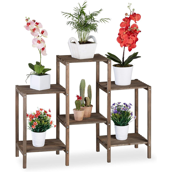 Relaxdays Blumentreppe Holz, Shabby, 7 Ablagen, HBT 86x95x29 cm, braun, L (Medium)