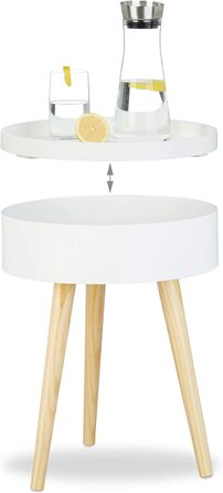 Relaxdays Beistelltisch rund skandinavisches Design, 70er, Nachttisch mit Tablett, Staufach, HxBxT: 50x38x38 cm, weiß Single