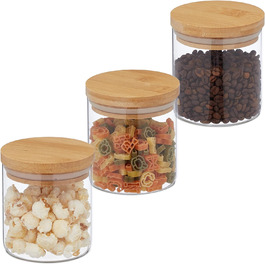 Relaxdays Bambusdeckel Vorratsgläser, 3er Set, 500 ml, luftdicht, transparent/natur