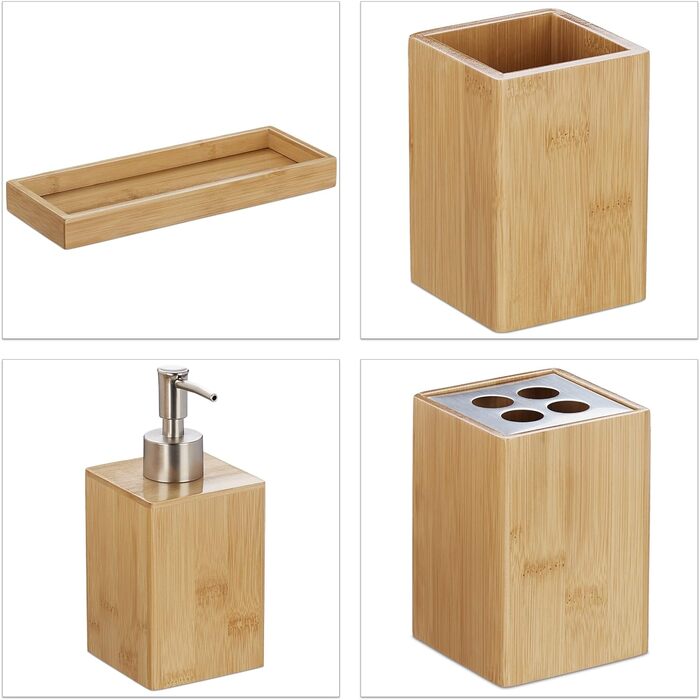 Relaxdays Bade-Set, 4-tlg., Bambus, Seifenspender, Becher, Halter, Schale