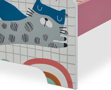 Relaxdays Kinderbett, HBT 60 x 94 x 143 cm, Kleinkindbett mit Ablage, Rausfallschutz, Lattenrost, Superheldin, MDF, bunt