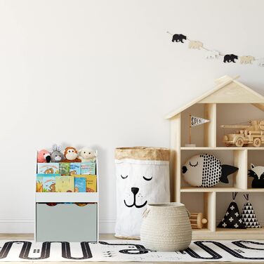 Relaxdays Kinderregal mit 3 Ablagefächern, Kiste mit Rollen, HBT: 70 x 50,5 x 28 cm, schmales Spielzeugregal, weiß/grau