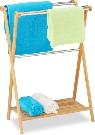 Relaxdays Handtuchhalter, 5 Stangen, Bambus, Edelstahl, mit Ablage, HBT 87x58,5x36 cm, Natur