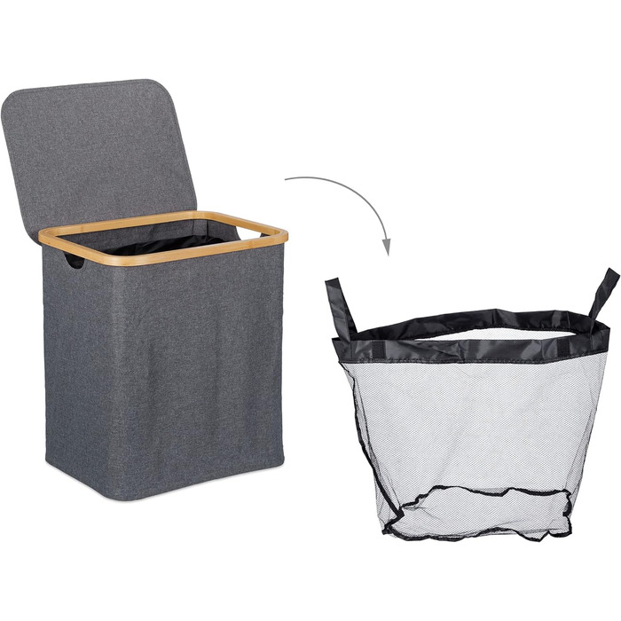 Relaxdays Wäschekorb mit Deckel, 130 l, Wäschesammler Bambus & Polyester, tragbar, atmungsaktiver Wäschesack,  90 10, (50.5 x 45 x 35.5 cm, Grau/Natur)