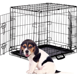 Relaxdays Hundekäfig, Faltbare Hundetransportbox Auto, Welpenkäfig, 2 Türen, Bodenschale, Drahtkäfig Metall, M, Schwarz Schwarz M
