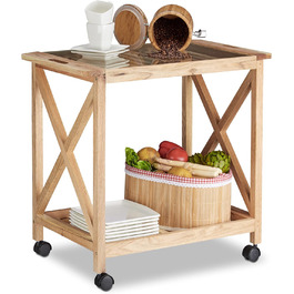 Relaxdays Küchenwagen Holz, 2 Etagen, Rollwagen mit Glasplatte, 63x66,5x38 cm, natur