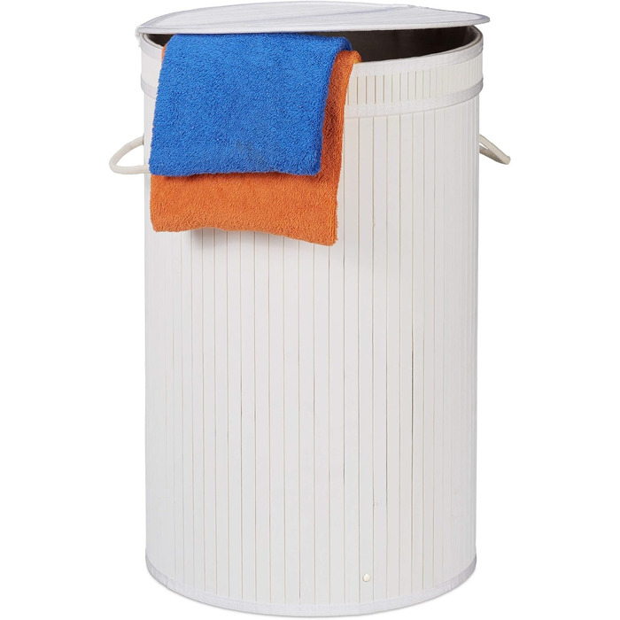 Relaxdays Wäschekorb Bambus, runder Wäschesammler mit Klappdeckel, 65 l, faltbare Wäschetonne, rund Ø 40 cm, (Weiß)