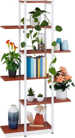 Relaxdays Blumenregal Metall, 6-stufig, Holzoptik, 150x78x24 cm, Indoor Blumentreppe (Rotbraun)