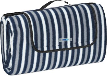 Relaxdays XXL Picknickdecke, 200 x 200 cm, Fleece Stranddecke, wärmeisoliert, wasserdicht, Tragegriff, blau/grau/weiß