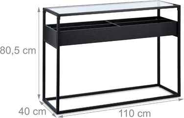 Relaxdays Konsolentisch, Glas Ablage, 4 Fächer, 80,5x110x40 cm, Metall, Flur & Wohnzimmer, schwarz