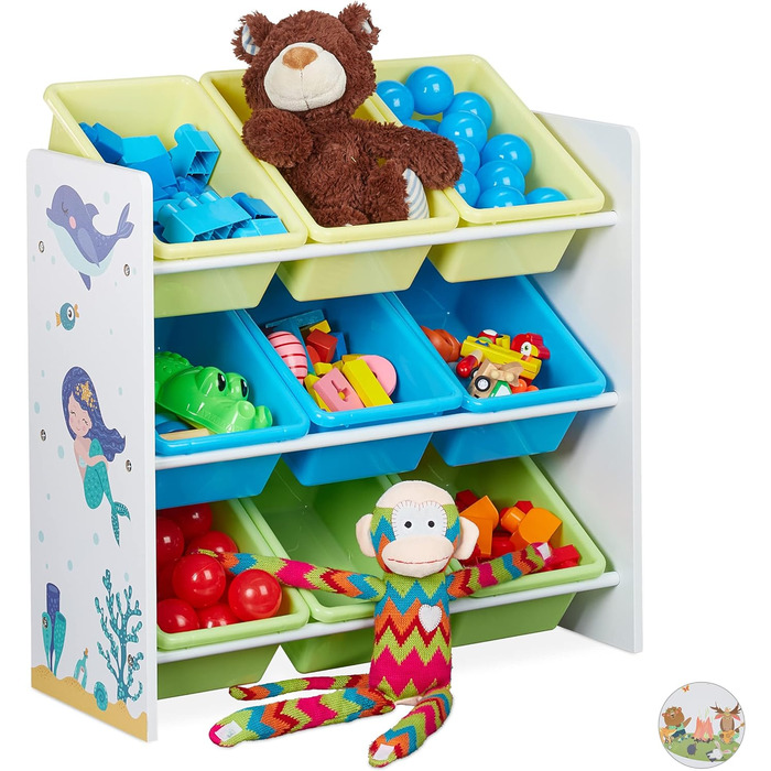 Relaxdays Kinderregal, 9 Aufbewahrungsboxen, Meerjungfrau Motiv, MDF, Kunststoff, Spielzeugregal HBT 67x65x31,5 cm, bunt