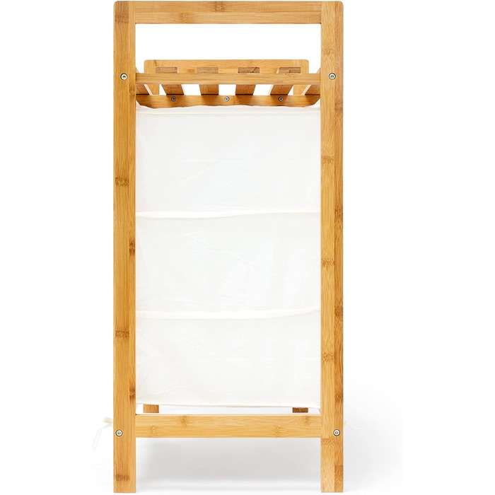 Relaxdays Wäschesammler Linea Bambus HxBxT: ca. 77 x 69,5 x 36 cm Wäschepuff mit 40 Litern Volumen 2 Ablagen und 3 Fächern als Wäschebehälter mit Wäschesack aus weißem Stoff und 2 Griffen, natur Single