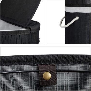 Relaxdays Wäschekorb Bambus, runder Wäschesammler mit Klappdeckel, 65 l, faltbare Wäschetonne, rund Ø 40 cm, schwarz