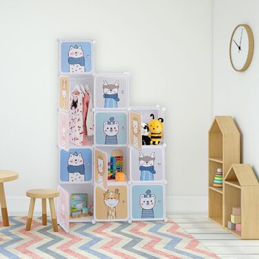 Relaxdays Steckregal Kinder, 2 Kleiderstangen, Türen mit Tierkindern, HBT: 145x110x37 cm, DIY Kinderkleiderschrank, weiß