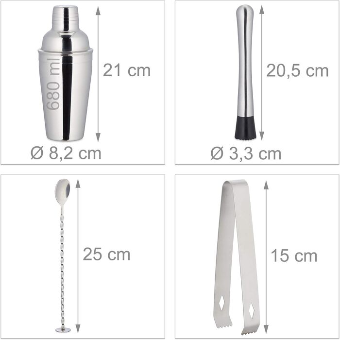Relaxdays 11-tlg. Profi Cocktail Set: Ständer, Shaker, Barmaß, Ausgießer, Eiszange, Edelstahl, silber/natur