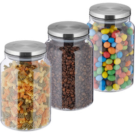 Relaxdays Vorratsgläser, 3er Set, 1500 ml, luftdicht, transparent/silber