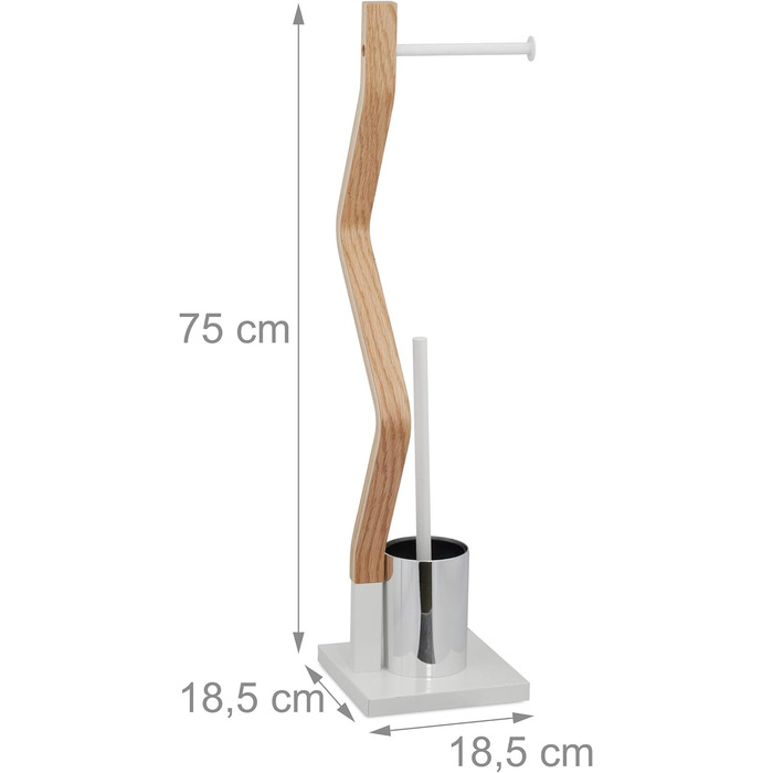 Relaxdays WC Garnitur stehend, Holz und Stahl, Toilettenpapierhalter mit Bürste, HBT 75 x 18,5 x 18,5 cm, weiß/natur