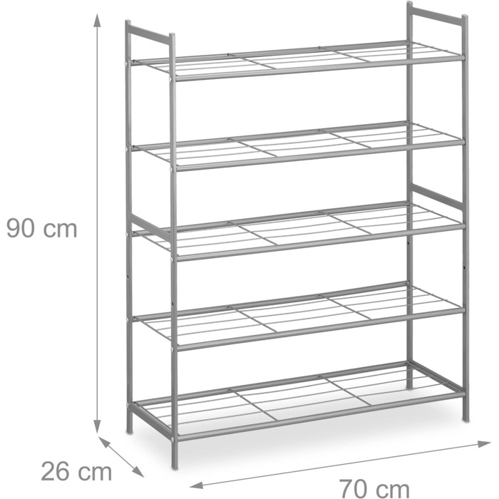 Relaxdays Schuhregal, Metall, 5 Ebenen, stapelbar, erweiterbar, HBT: 90x70x26 cm, 15 Paar Schuhe, silber