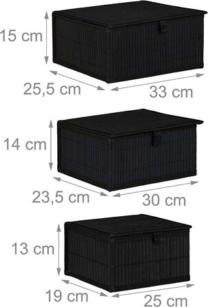 Relaxdays Aufbewahrungskorb 3er Set, Deckel & Stoffeinsatz, Bambuskorb, dekorative Aufbewahrungsbox, 3 Größen, schwarz