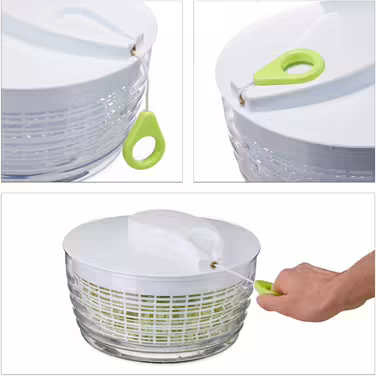 Relaxdays 10024697 Salatschleuder zum Ziehen, Profi Salad Spinner, großer Salattrockner, XXL Salatkarusssel 7 Liter, weiß-grün