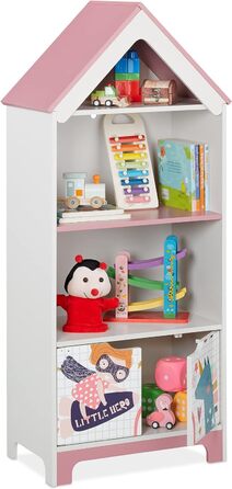 Relaxdays Kinderregal, Heldinnenmotiv, 4 Fächer für Spielzeug, HBT: 93x63x28 cm, Kinderzimmerregal mit Türen, weiß/rosa