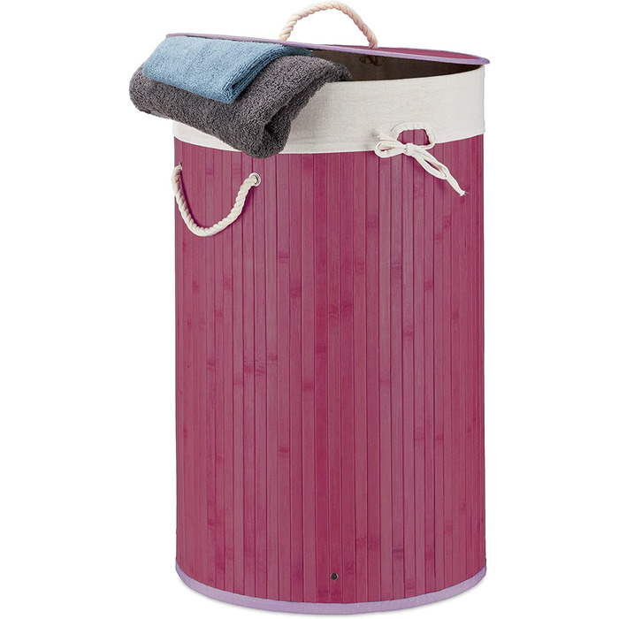 3x faltbare Wäschetonne Bambus mit Deckel, 70L, Wäschesack Baumwolle, rund Ø 4 cm, grau (Lila, Weiß, 3)