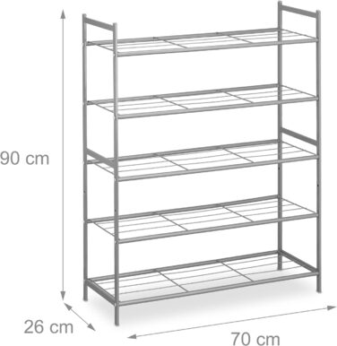 Relaxdays Schuhregal, Metall, 5 Ebenen, stapelbar, erweiterbar, HBT: 90x70x26 cm, 15 Paar Schuhe, silber