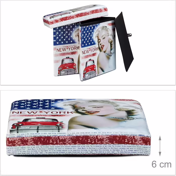 Relaxdays Faltbarer Sitzhocker 38 cm, stabiler Sitzwürfel mit Motiv, Kunstleder, Stauraum, Deckel