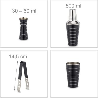 Relaxdays Cocktailset, 5-teilig: Shaker 500 ml, Eiseimer, Zange, Flaschenkühler, Barmaß, schwarz