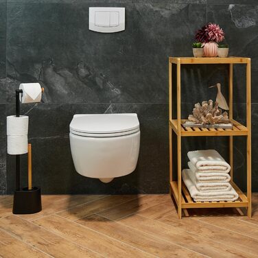 Relaxdays WC Garnitur, Bambus, Edelstahl, freistehender Klopapierhalter, Toilettenbürste, schwarz