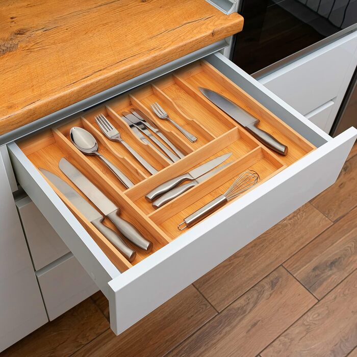 Relaxdays Besteckkasten, ausziehbar, 7-9 Fächer, Bambus, Natur, 1 Stück