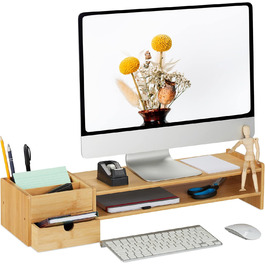 Relaxdays Monitorständer, Bambus, mit Schublade & 5 Fächern, 13x70x19 cm, Natur